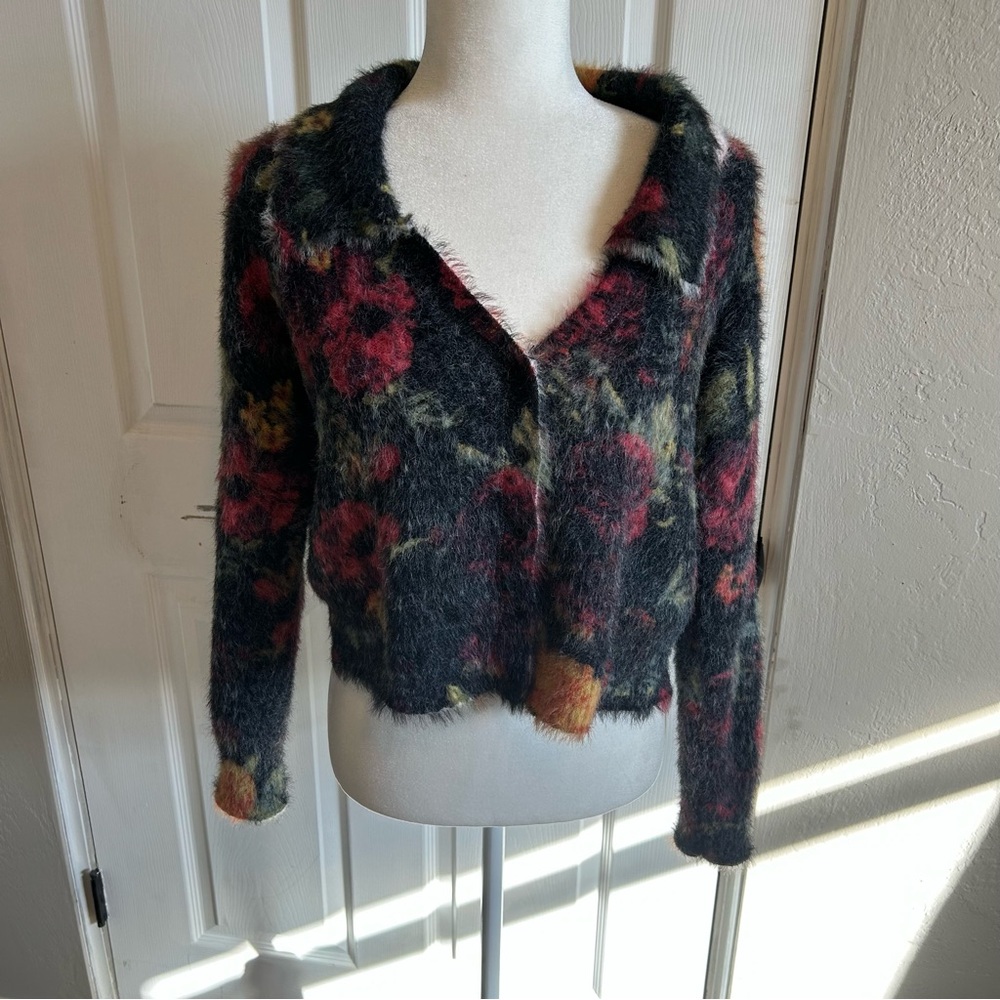Pilcro Anthropologie Cropped Cardigan Sweater Eyelash Multicolor Fuzzy floral - Picture 4 of 7